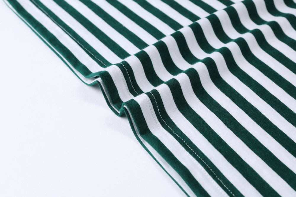 Close-up of stylish v-neck green and white striped men's short sleeve tee, perfect for sports and casual wear, SF1066.